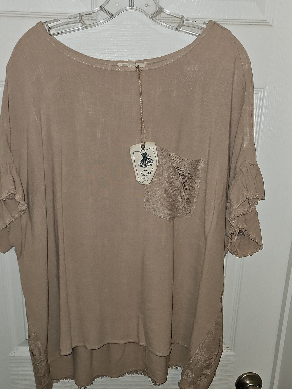 Easel Women's Tan Lace Pocket Ruffle Sleeve Top